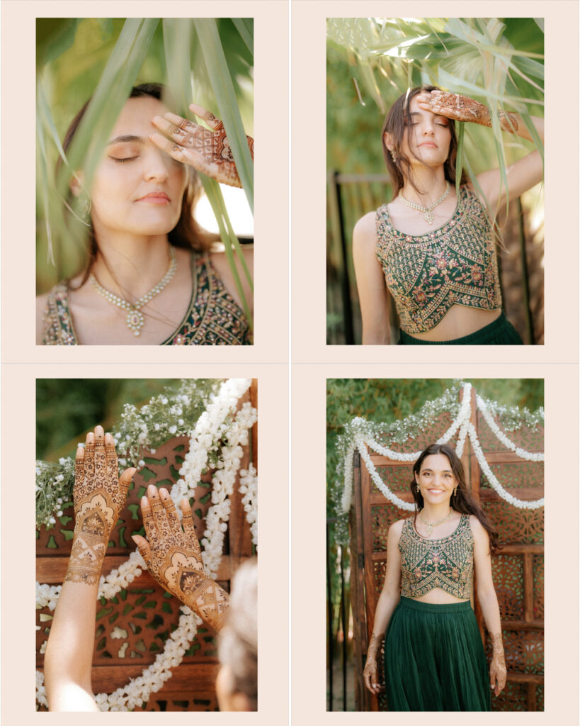 Indian Wedding Photographer in Jacksonville 9 Bride at her mehndi in a green lehenga with henna and floral jewelry, Jacksonville