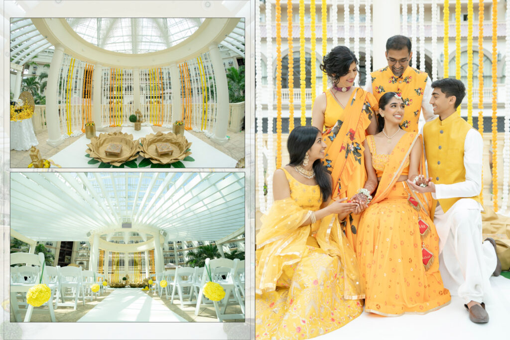 Indian Wedding at Gaylord Palms: A Photographer’s Guide 2 Family in yellow celebrating the pithi at Alisha and Kunal’s Gaylord Palms wedding