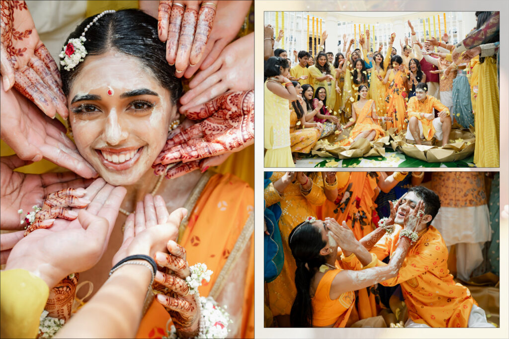 Indian Wedding Photographer in Palm Beach 5 Haldi ceremony moments, bride laughing as family applies turmeric