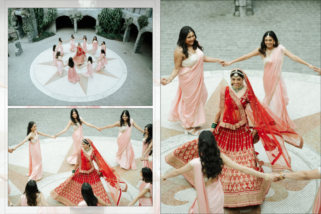 Indian Wedding Photographer in Palm Beach 6 Bridesmaids in pink dancing around the bride, South Asian wedding photography