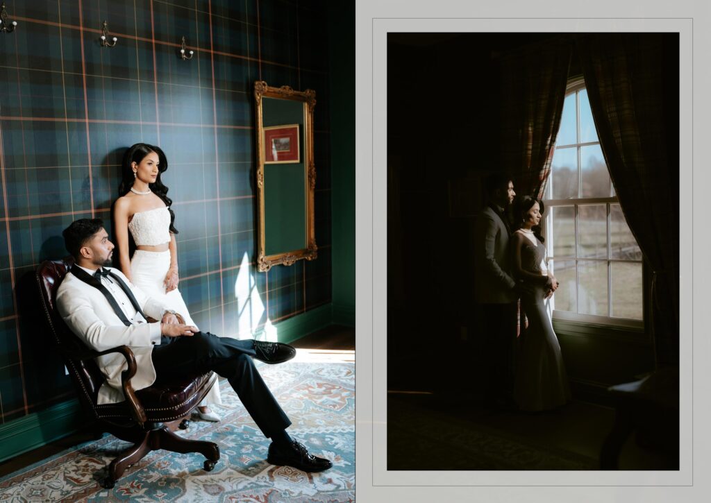 Indian Wedding Photographer in Palm Beach 7 Bride and groom in a tartan-walled library, timeless wedding portraits