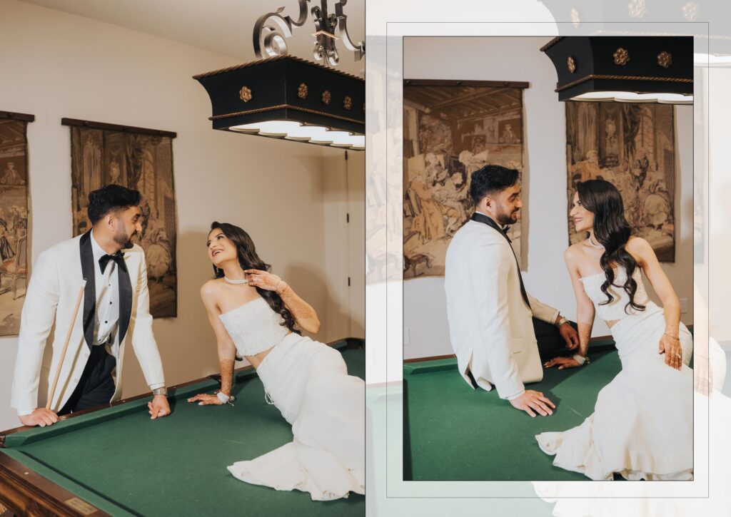 Indian Wedding Photographer in Palm Beach 4 Couple portraits in a classic mansion billiard room, editorial wedding photography