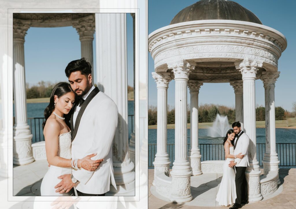 Indian Wedding Venues in Palm Beach and Boca Raton: A Photographer’s Guide 3 Couple portrait at a white rotunda by the water, bride in an ivory gown and groom in a white tuxedo jacket