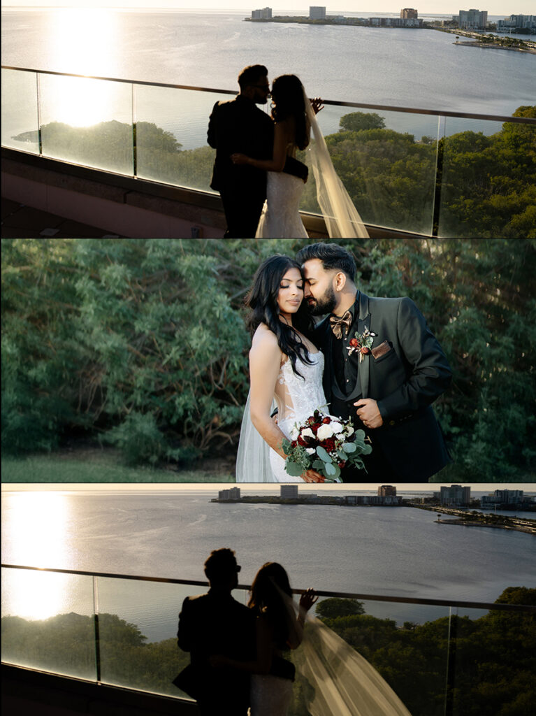 Shobin & Maria’s Malayali Christian Wedding at Grand Hyatt Tampa Bay 9 Silhouette of the bride and groom at sunset on a terrace overlooking Tampa Bay at Grand Hyatt Tampa Bay