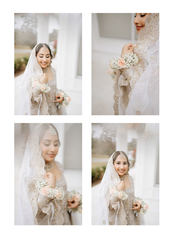 Four bridal portraits of a Muslim bride with rose and baby’s breath wrist flowers and a silver maang tikka in Sanford, Florida