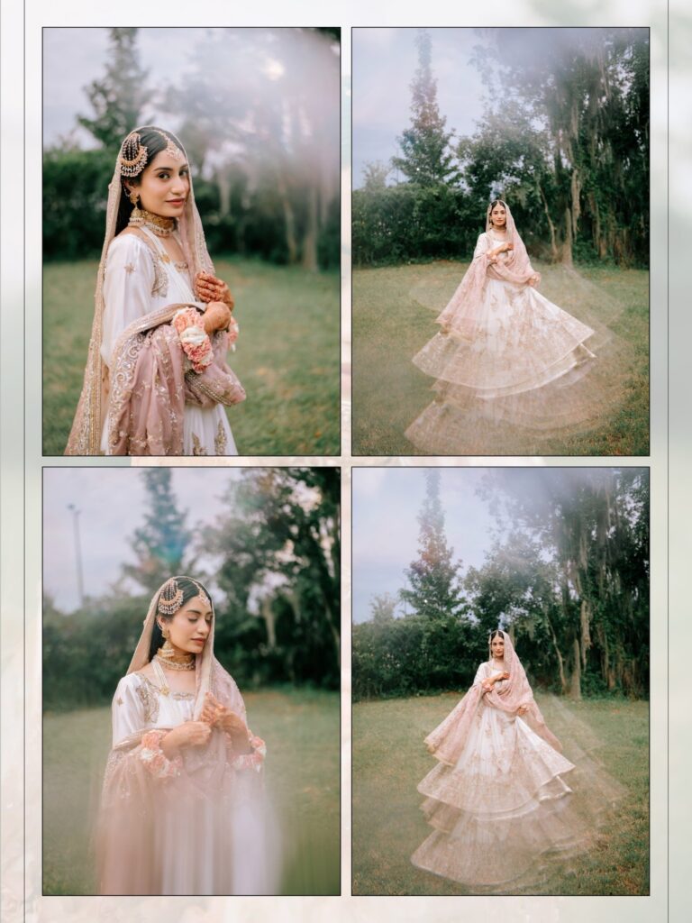 Amen & Shoaib’s Stunning South Asian Wedding at Signia by Hilton & Waldorf Astoria Orlando 12 Four portraits of a bride in a blush and ivory lehenga twirling on the lawn in Orlando