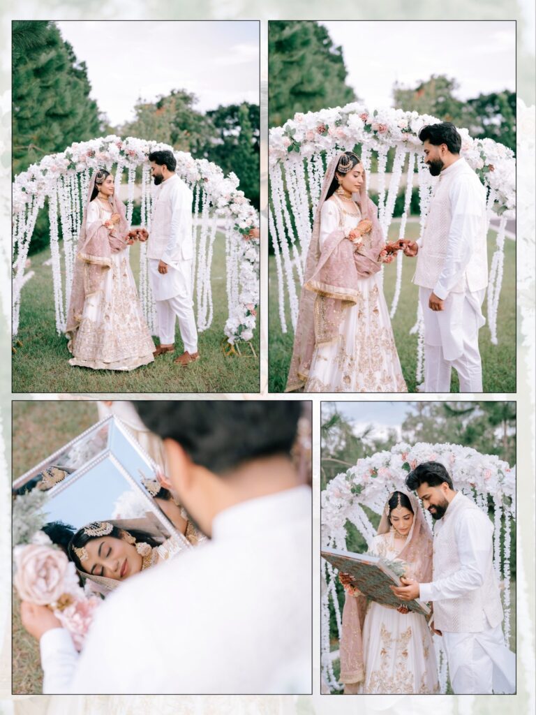 Amen & Shoaib’s Stunning South Asian Wedding at Signia by Hilton & Waldorf Astoria Orlando 5 Bride and groom exchanging rings under a white and blush floral arch at their outdoor nikkah in Orlando