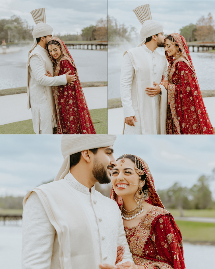 Indian Wedding Venues in Orlando: A Photographer’s Guide to the Top Hotels 4 Laughing bride and groom by a lake on their wedding day, candid Muslim wedding photography in Orlando