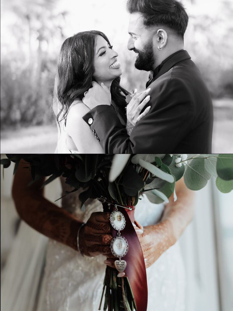 Shobin & Maria’s Malayali Christian Wedding at Grand Hyatt Tampa Bay 5 Bride and groom laughing together, and memorial photo charms of grandparents pinned to the bride’s bouquet ribbon