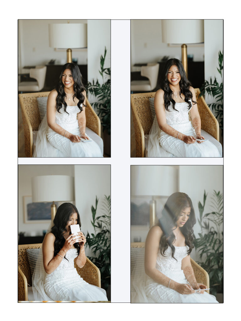 Shobin & Maria’s Malayali Christian Wedding at Grand Hyatt Tampa Bay 2 Bride in a lace gown with bridal henna laughing and tearing up while reading a letter from her groom on her wedding morning in Tampa