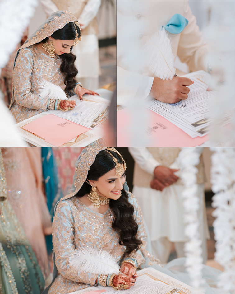 Hanna & Nabeel’s Stunning Nikkah at Hilton Tampa Downtown 4 Hanna and Nabeel signing the nikahnama with white feather pens at Hilton Tampa Downtown